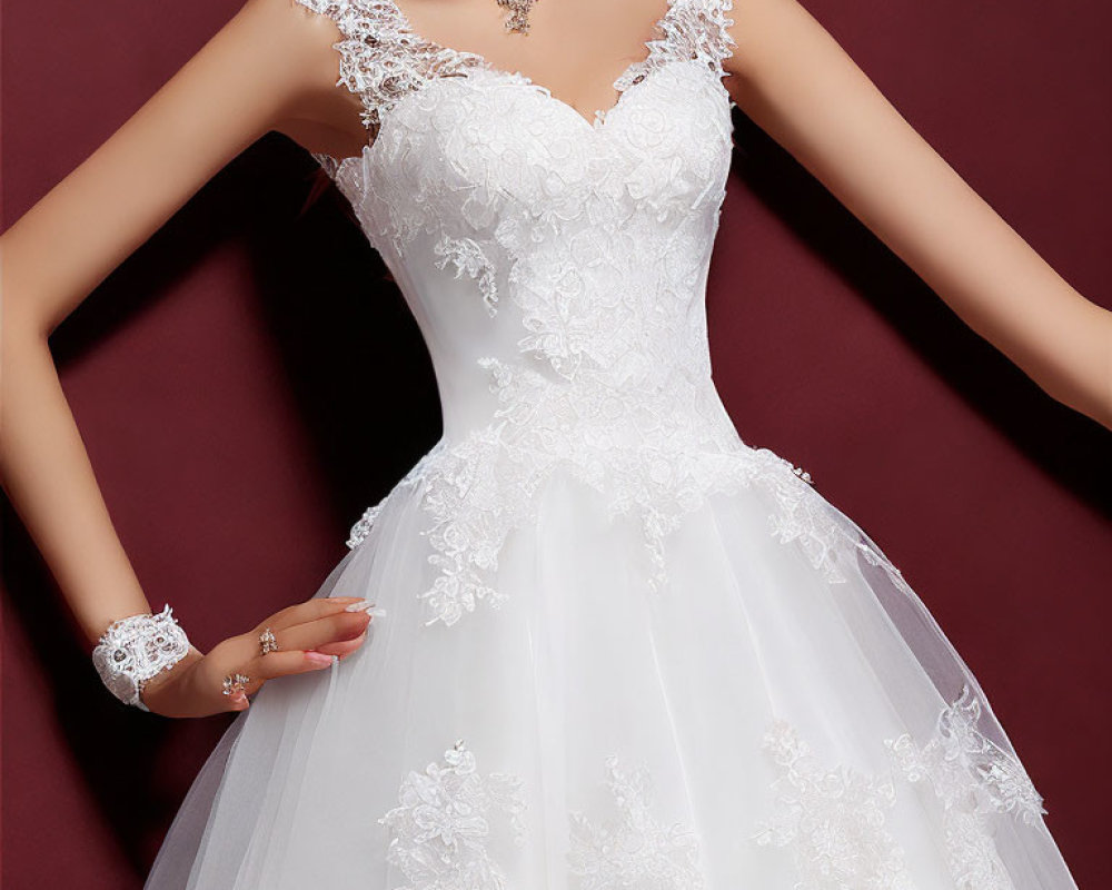 Woman in White Bridal Gown with Lace Details and V-Neckline