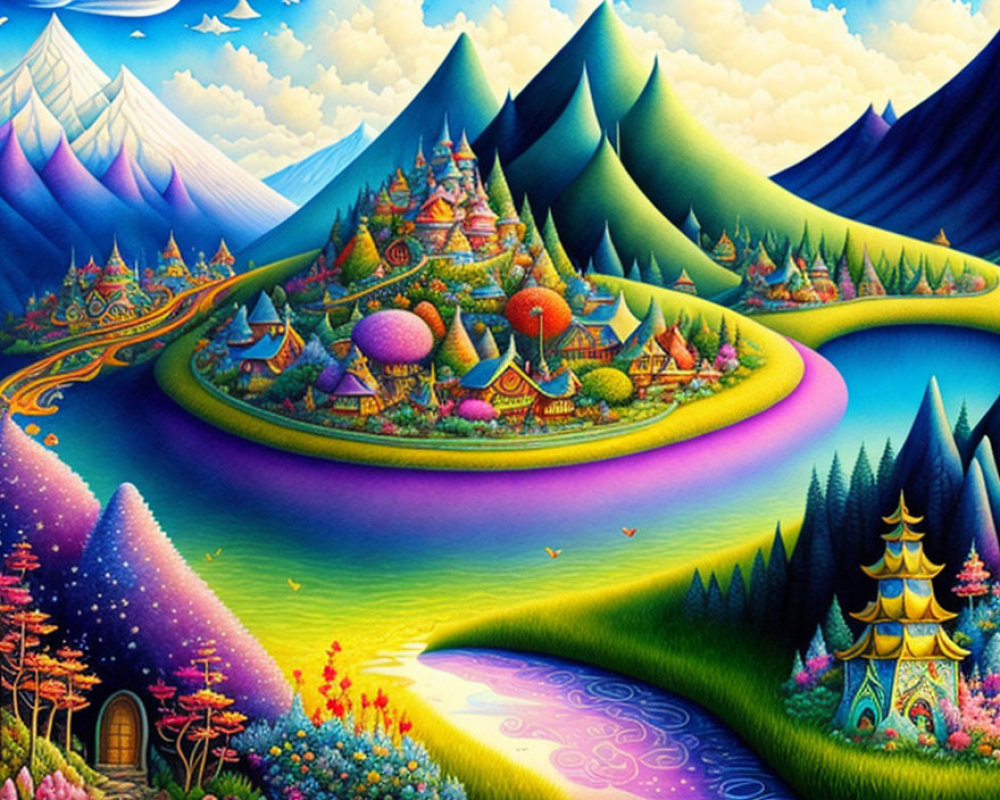 Colorful fantasy landscape with whimsical mountains and sparkling river