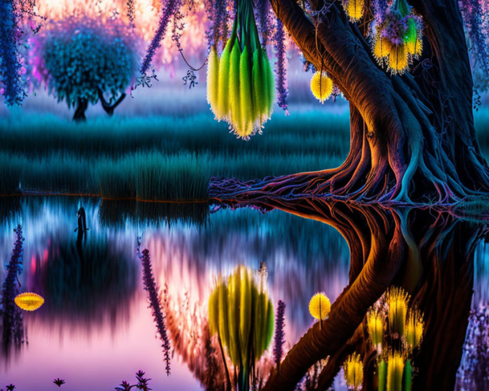 Colorful Fantasy Landscape with Twisted Tree, Reflective Water, and Glowing Plants
