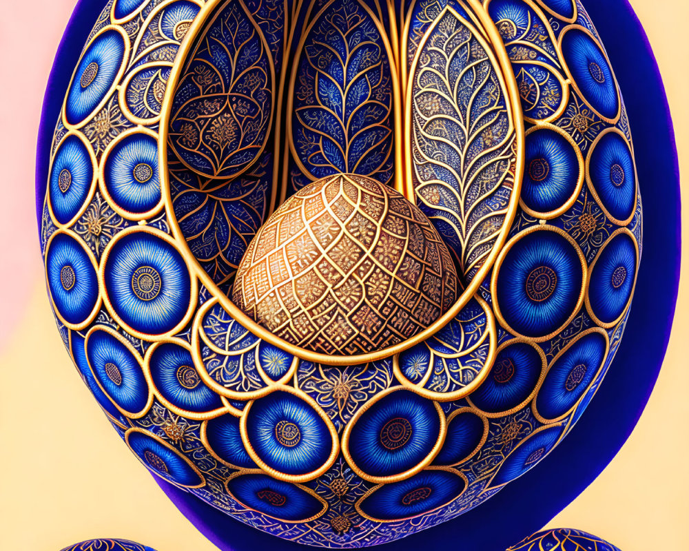 Colorful Digital Artwork: Golden Patterns on Blue Spheres