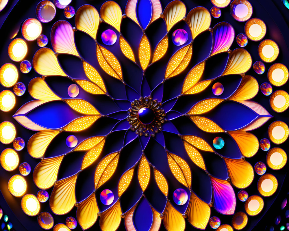 Symmetrical Purple, Yellow & Gold Glowing Digital Kaleidoscope Design