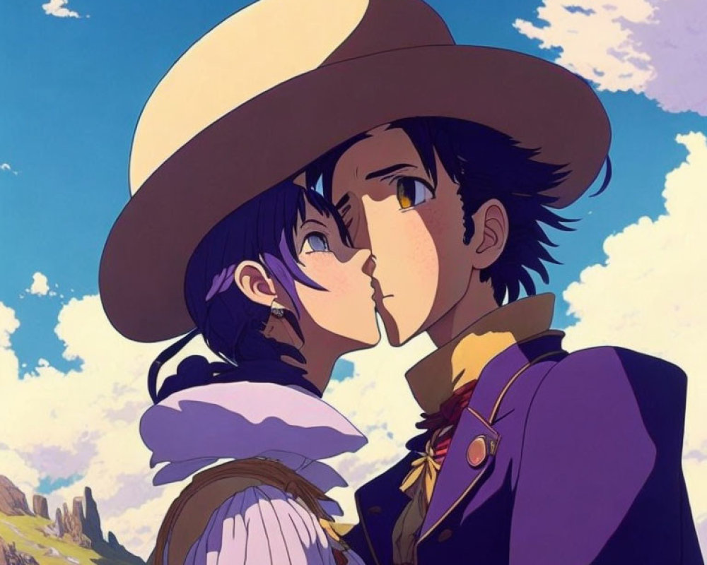 Anime characters in vintage clothing embrace under clear blue sky