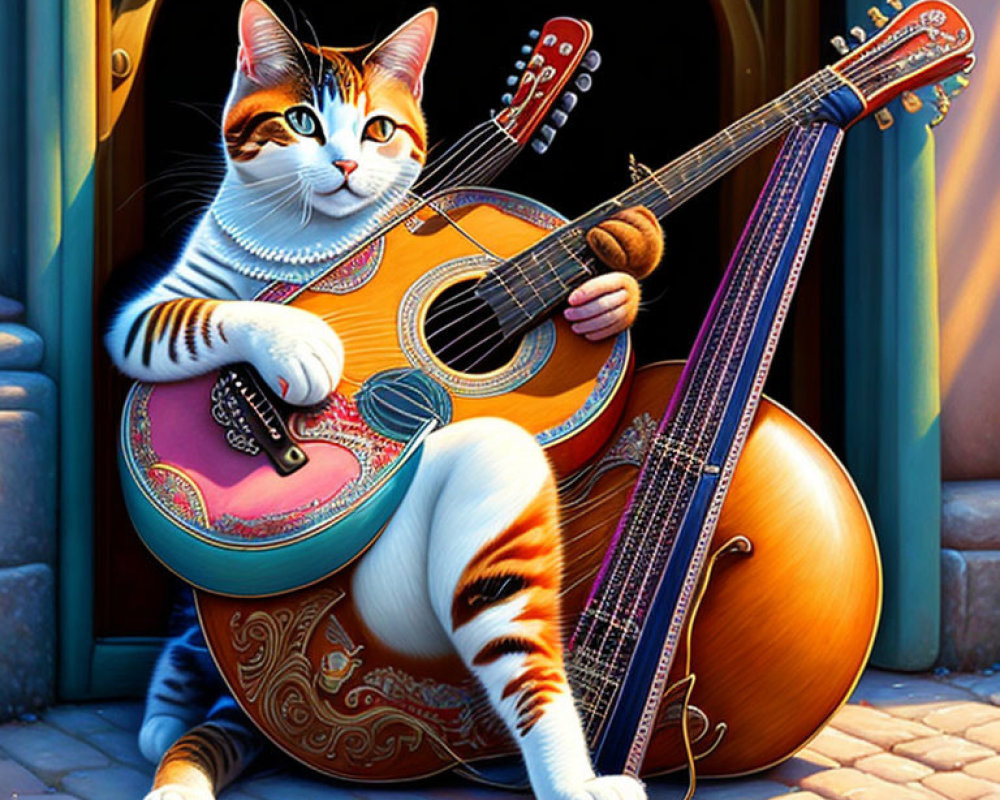 Anthropomorphic cat with classical guitar and musical instruments in confident pose