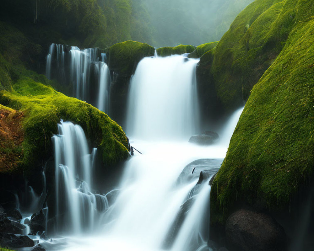 Tranquil waterfall over mossy rocks in mystical fog