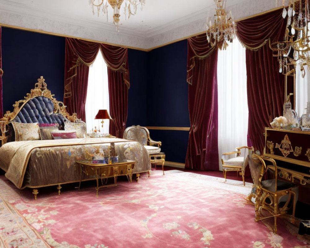 Luxurious Bedroom with Gold-Trimmed Canopy Bed & Crystal Chandeliers