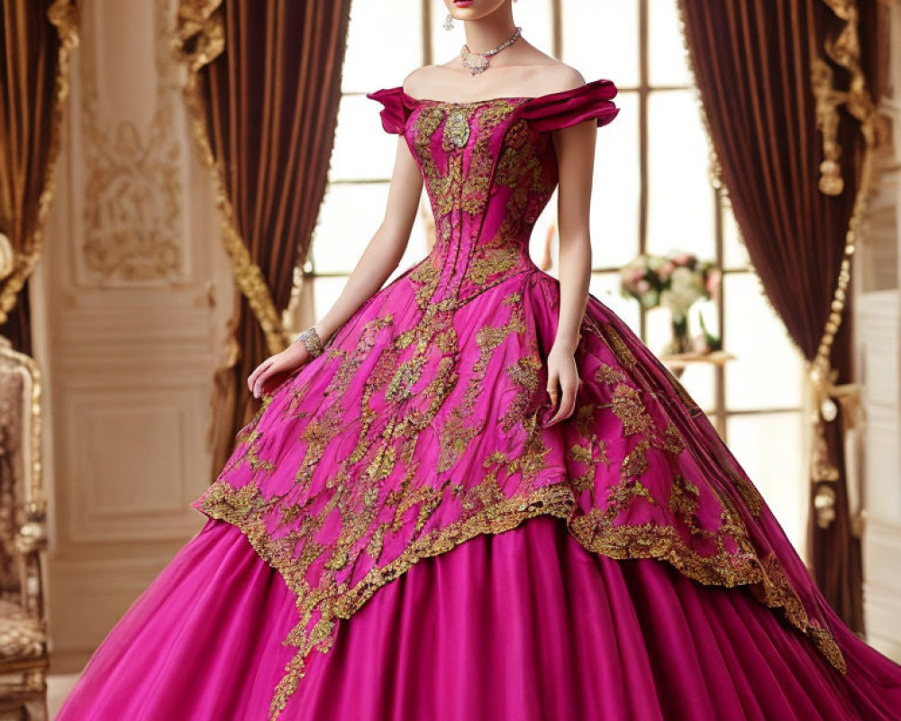 Opulent pink ballgown with golden embroidery in luxurious room