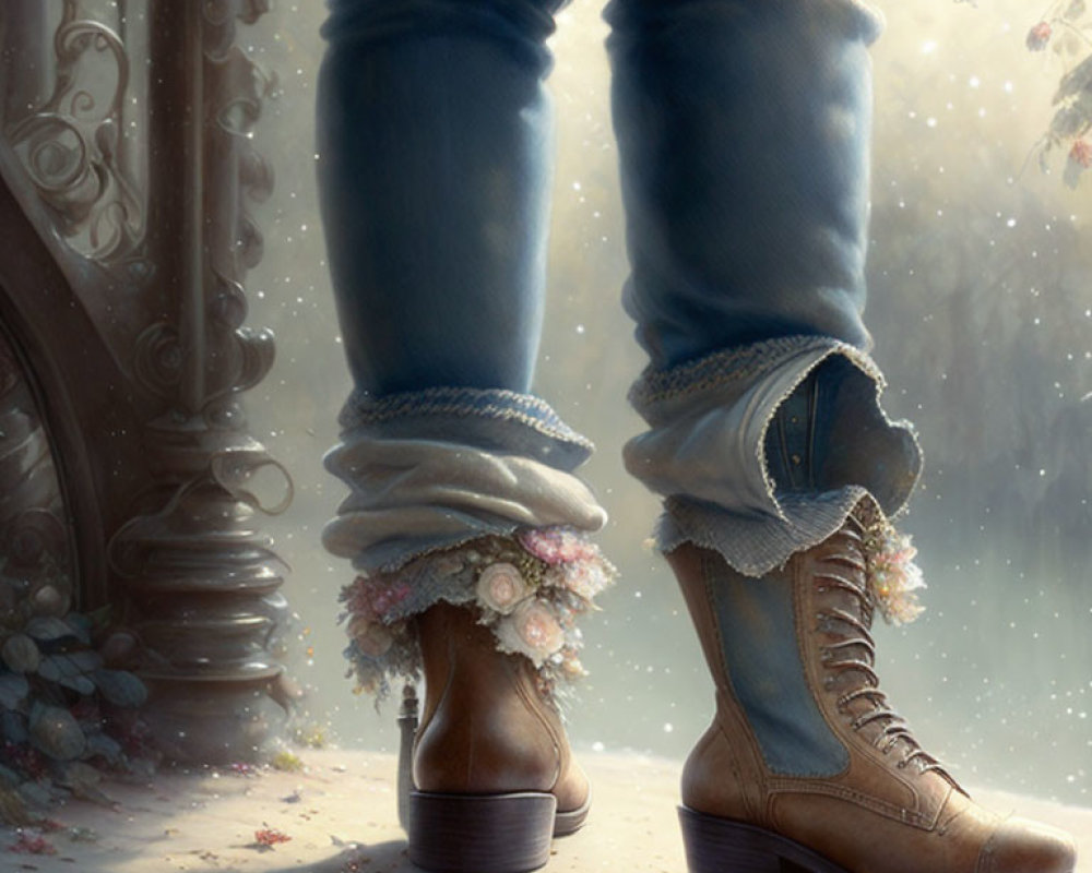 Person in Blue Jeans and Brown Lace-Up Boots with Flowers, by a Column