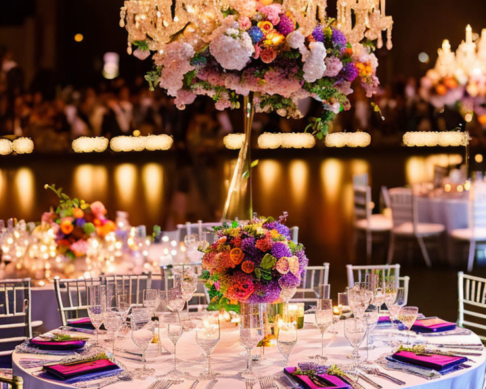Formal event with floral centerpieces and crystal chandeliers on glossy floor