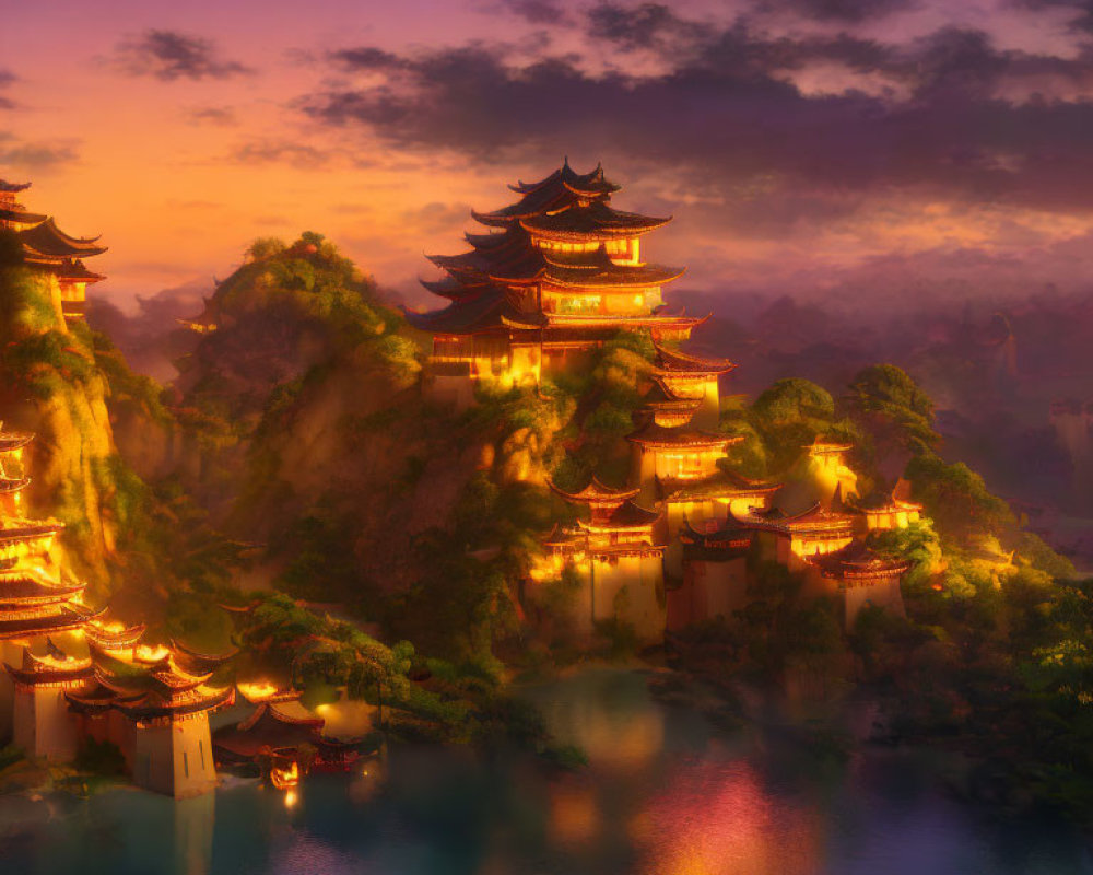 Traditional pagoda-style buildings on misty mountains at sunset reflected in water