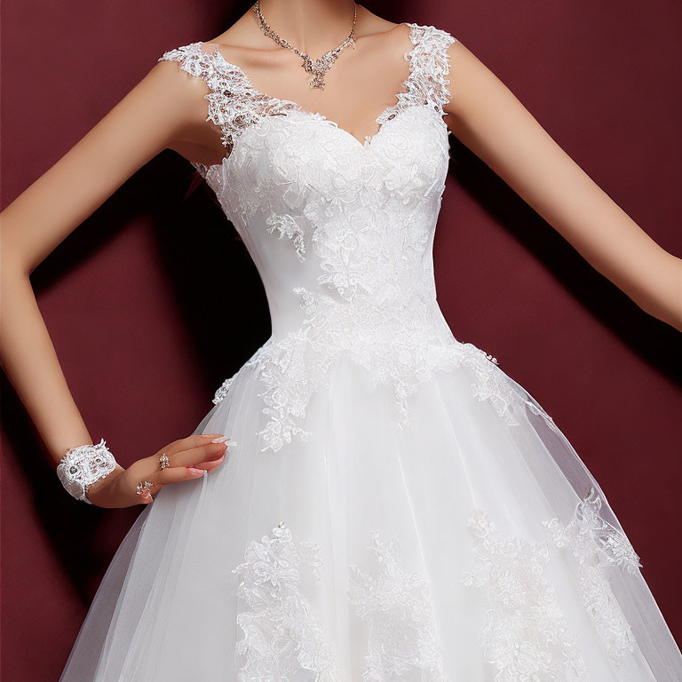 Woman in White Bridal Gown with Lace Details and V-Neckline