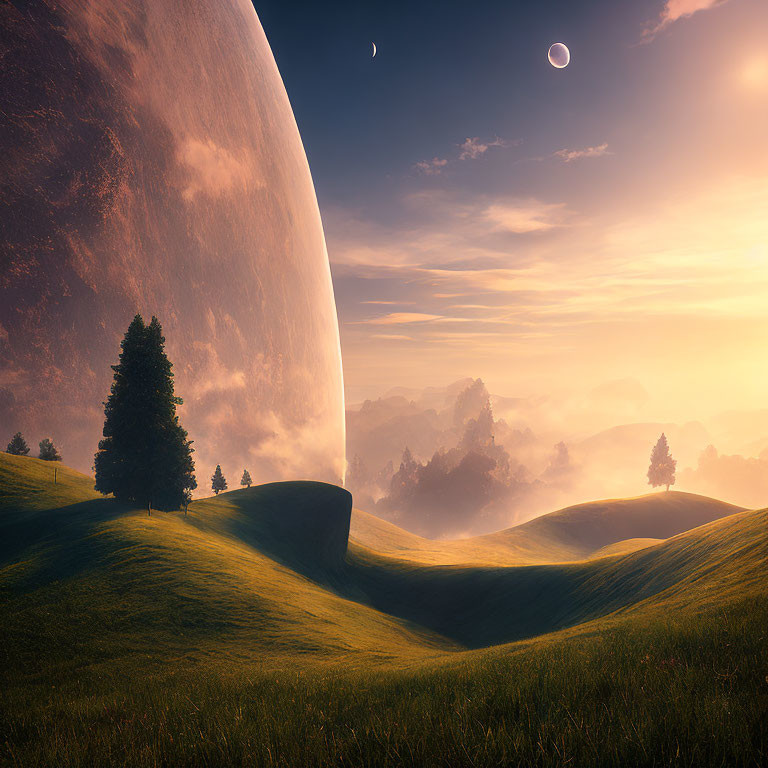 Surreal landscape with rolling hills, giant planet, and smaller moon