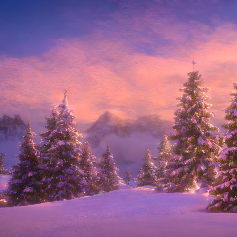 Snow-covered fir trees in serene winter scene at sunrise or sunset