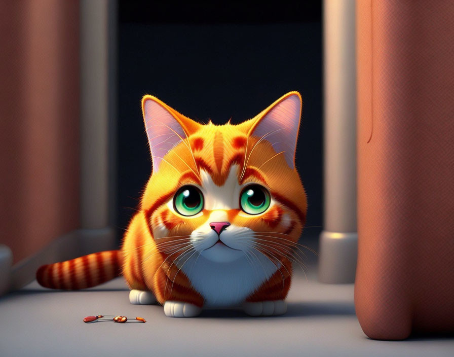 3D-animated orange tabby cat with green eyes between curtain folds