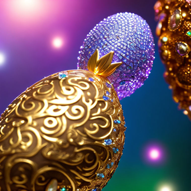 Detailed Glittering Easter Eggs on Colorful Bokeh Background