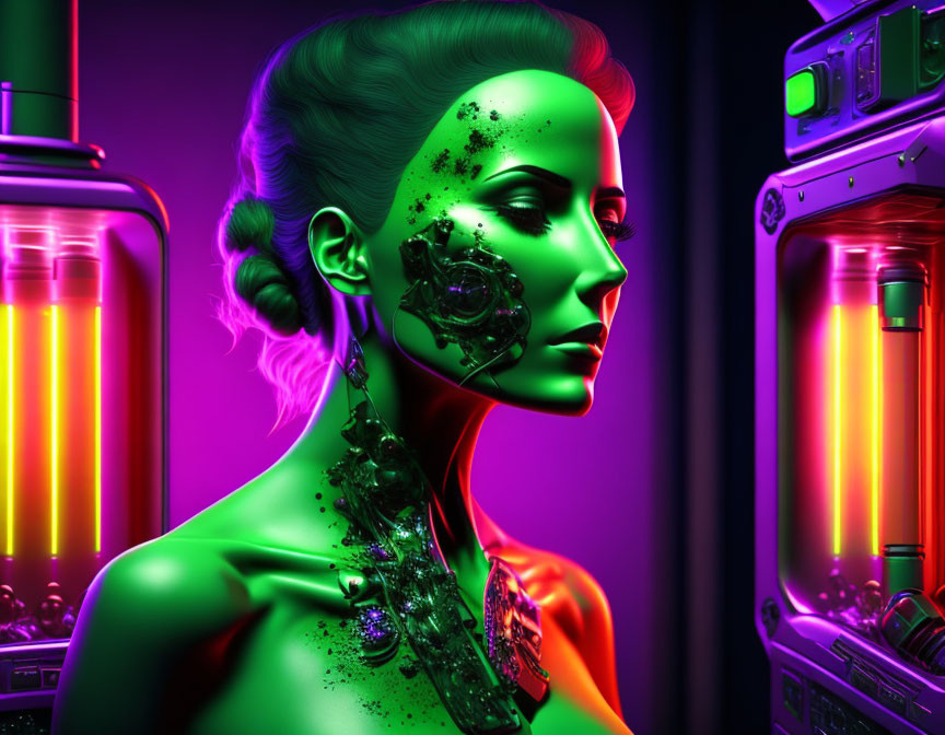Futuristic woman with half mechanical face in vibrant neon lights