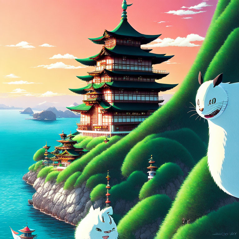 Vibrant pagoda-style building with cat creature and boats on green cliff