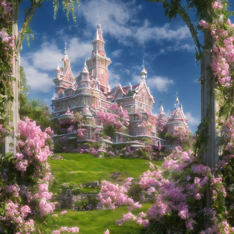 Fairy-tale castle in lush garden with pink blooming trees