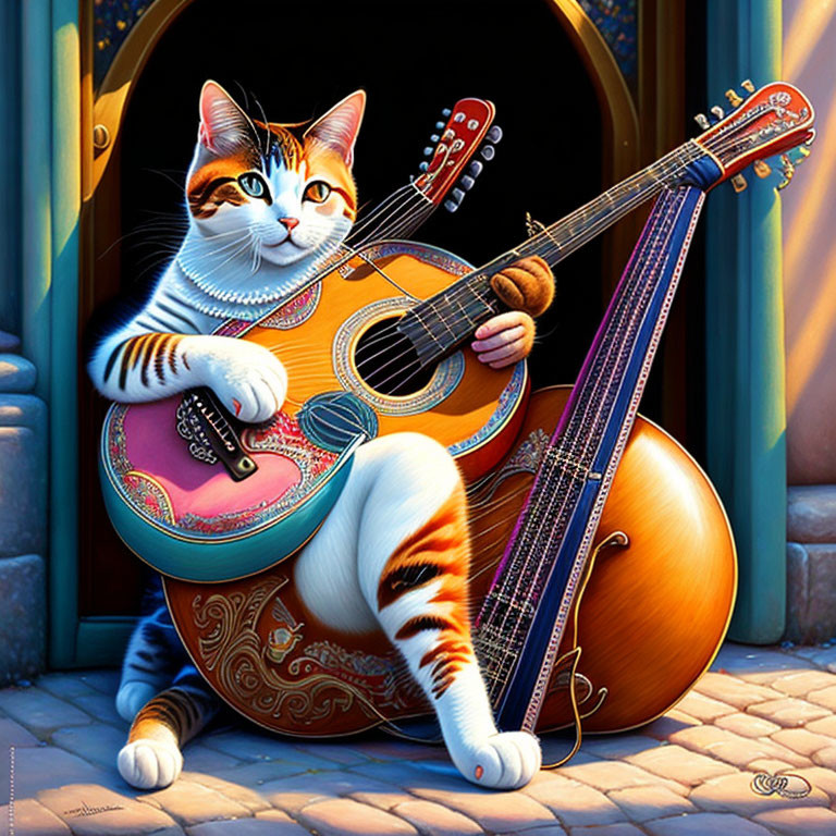 Anthropomorphic cat with classical guitar and musical instruments in confident pose
