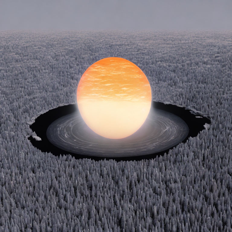 Surreal image of large sun in void over frost-covered coniferous forest