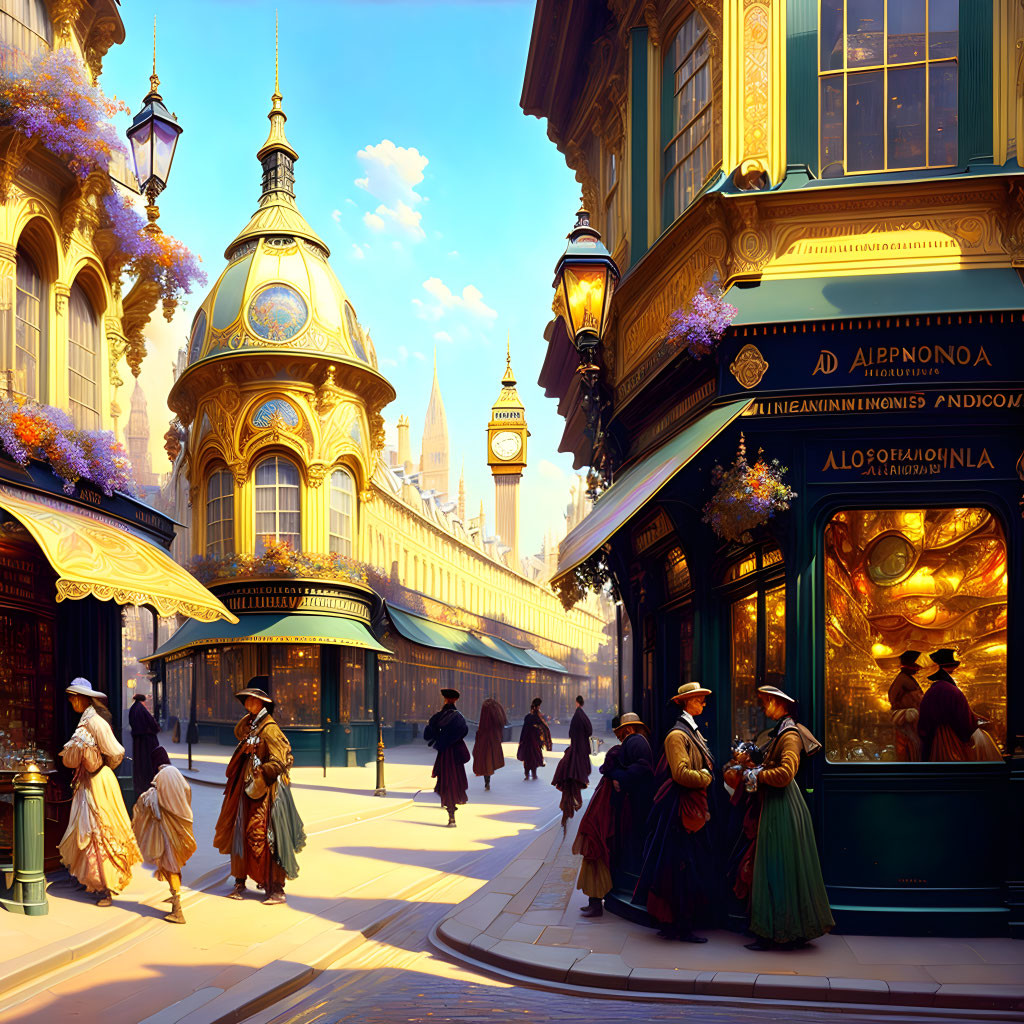 Detailed 19th-Century Street Scene with Elegant Buildings and Vibrant Storefronts