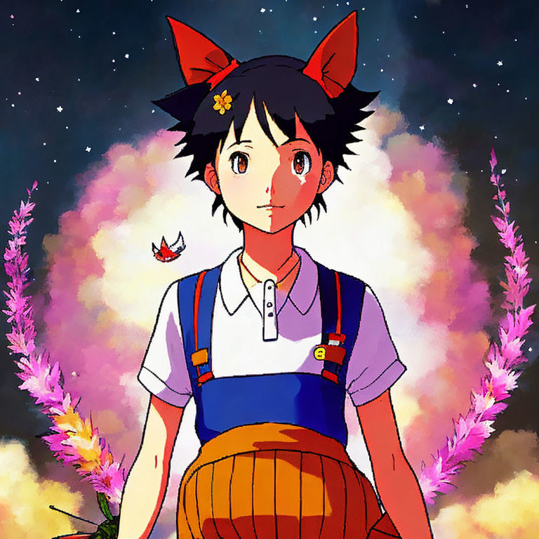 Anime-style girl with black hair, red cat ears, and blue overalls under starry night sky