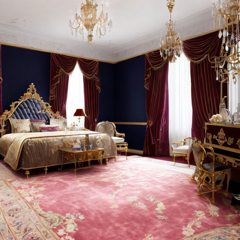 Luxurious Bedroom with Gold-Trimmed Canopy Bed & Crystal Chandeliers