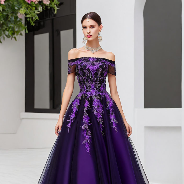 Elegant Woman in Purple Ball Gown with Lavender Embroidery