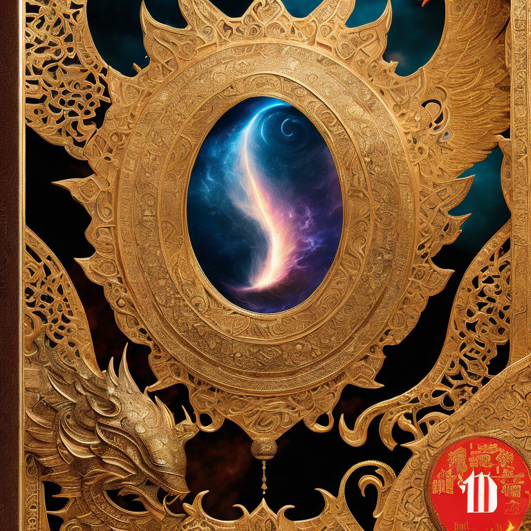 Intricate Thai-style golden frame with cosmic scene