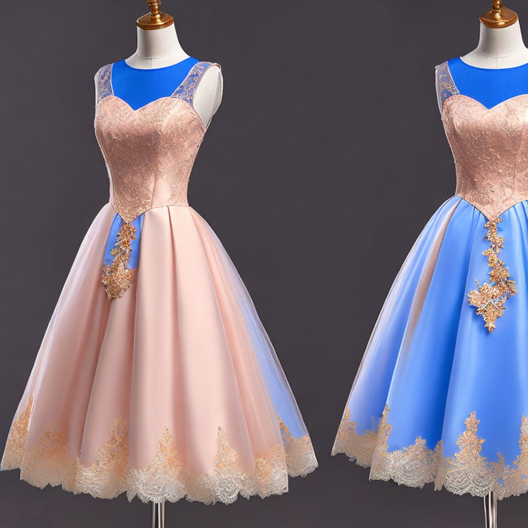 Mannequins in Sleeveless Lace Dresses: Pink and Blue with Golden Embroidery