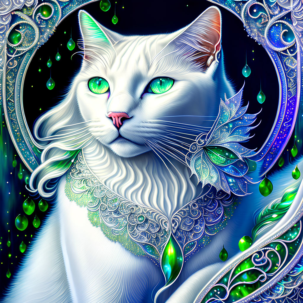 Colorful Digital Art: White Cat with Green Eyes and Ornate Jewelry