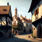 Medieval village street: Half-timbered houses, cobblestones, flowers
