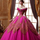 Opulent pink ballgown with golden embroidery in luxurious room