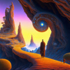 Vibrant surreal landscape with towering rock formations and silhouetted figures