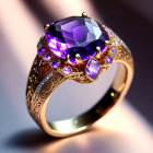 Gold ring with large purple gemstone and pink accents on decorative band