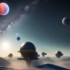 Gas giant planet dominates serene space scene with red planet and stars.
