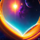 Colorful digital art: cosmic scene with galaxies, stars, and radiant sun
