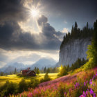 Sunlight on rustic cabin in serene meadow with wildflowers
