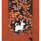 Intricate Asian-style illustration with white rabbit, orange foliage, and ornate border