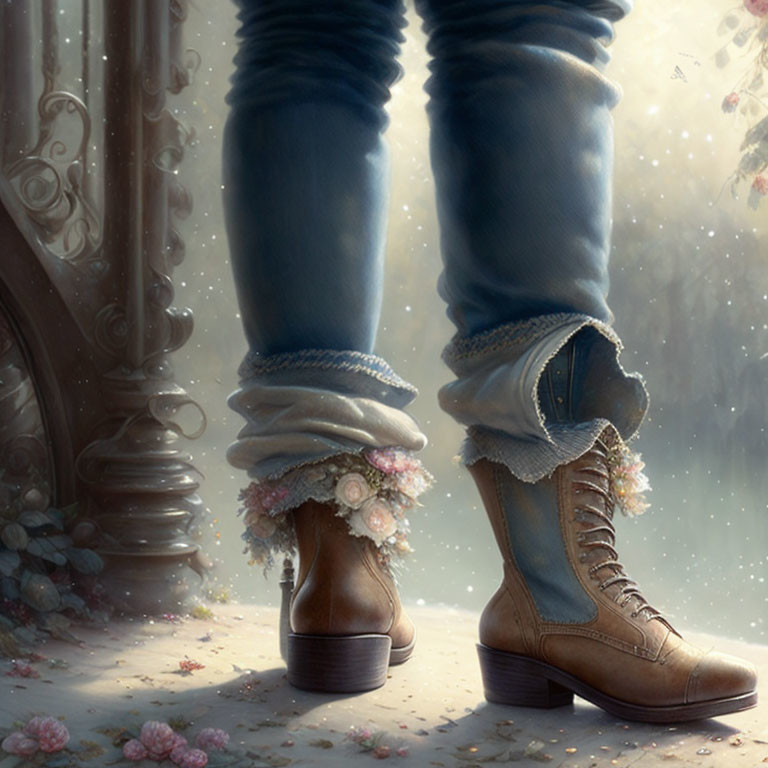 Person in Blue Jeans and Brown Lace-Up Boots with Flowers, by a Column