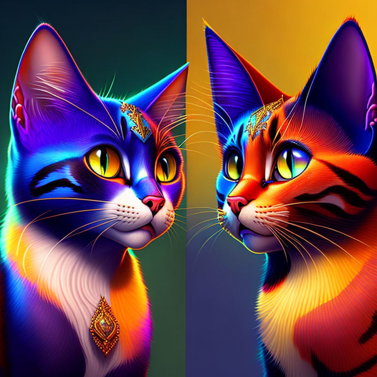 Vibrantly colored digital art cats with intricate designs and neon hues