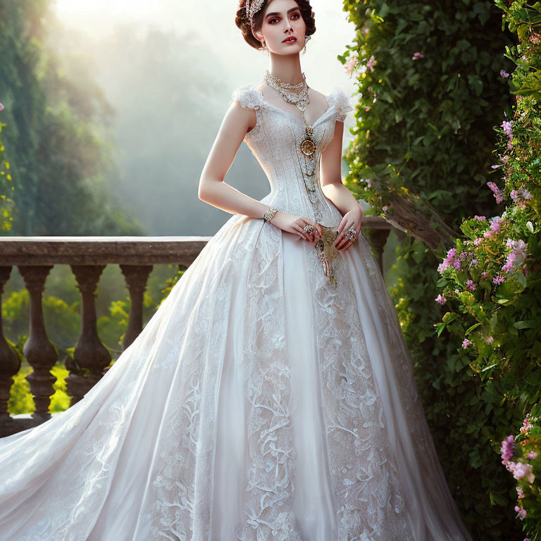 Vintage-inspired white lace wedding gown with fitted bodice and full skirt in garden setting