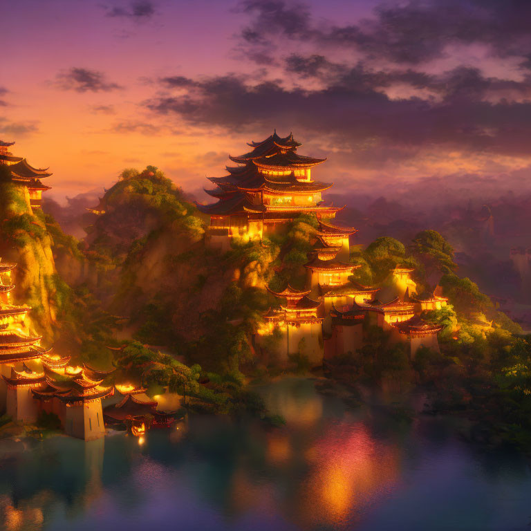 Traditional pagoda-style buildings on misty mountains at sunset reflected in water