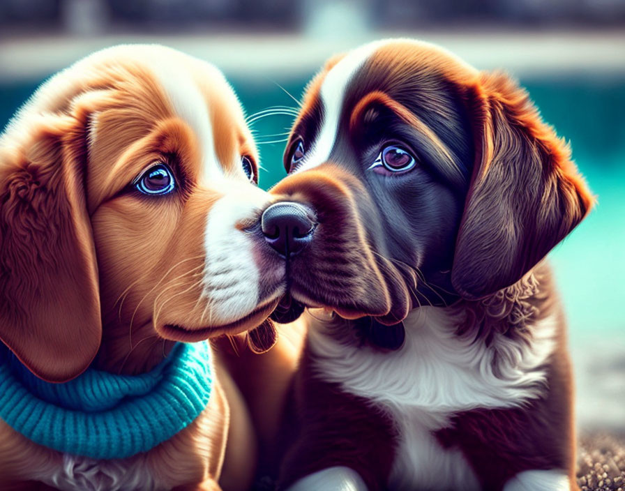Two Glossy-Coated Puppies with Blue Scarf, Close Together