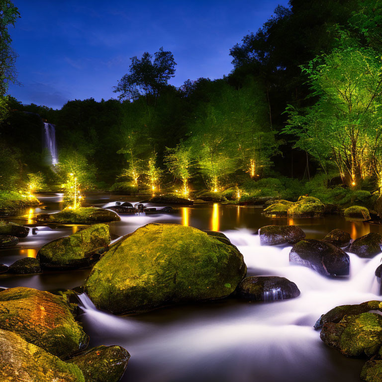 Tranquil twilight landscape with illuminated waterfall and river