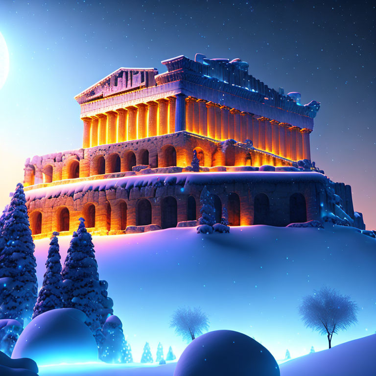 Ancient Coliseum in Snowy Twilight Landscape