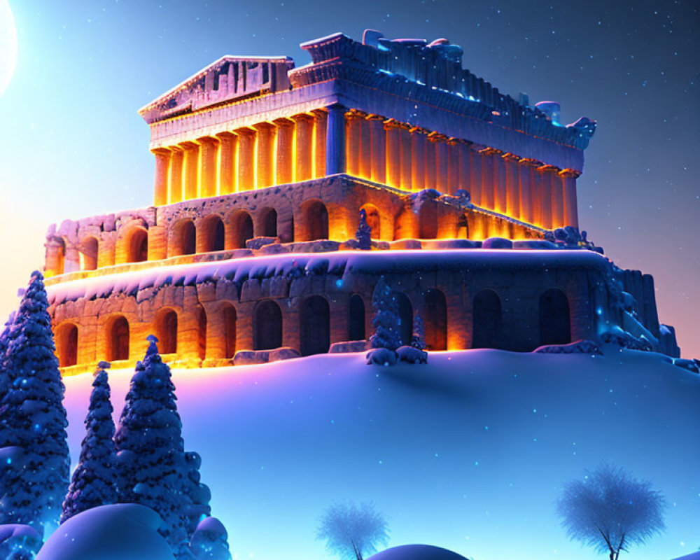 Ancient Coliseum in Snowy Twilight Landscape
