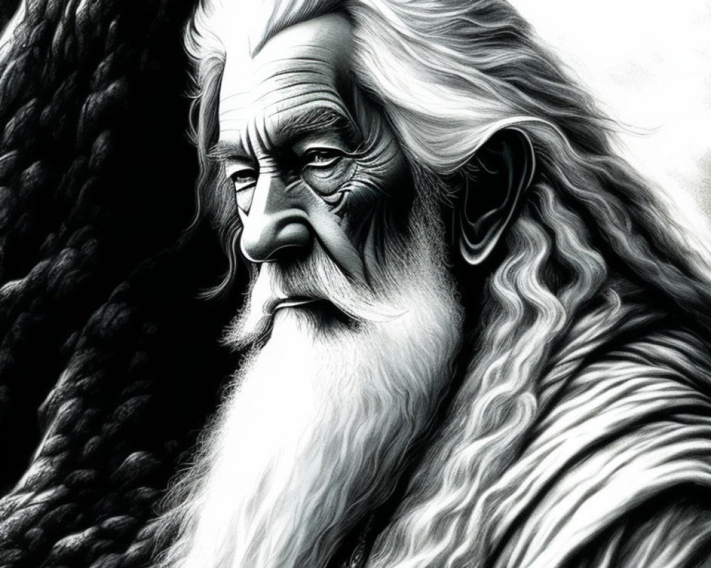 Monochrome digital artwork: elderly man with long beard, thoughtful expression, tree background