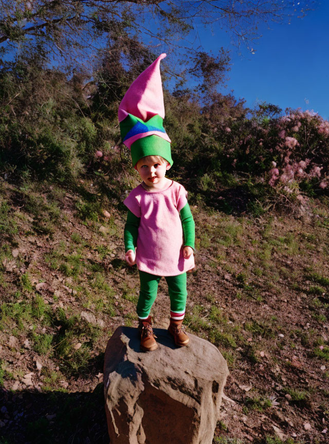 Colorful Elf Costume Child Outdoors on Rock