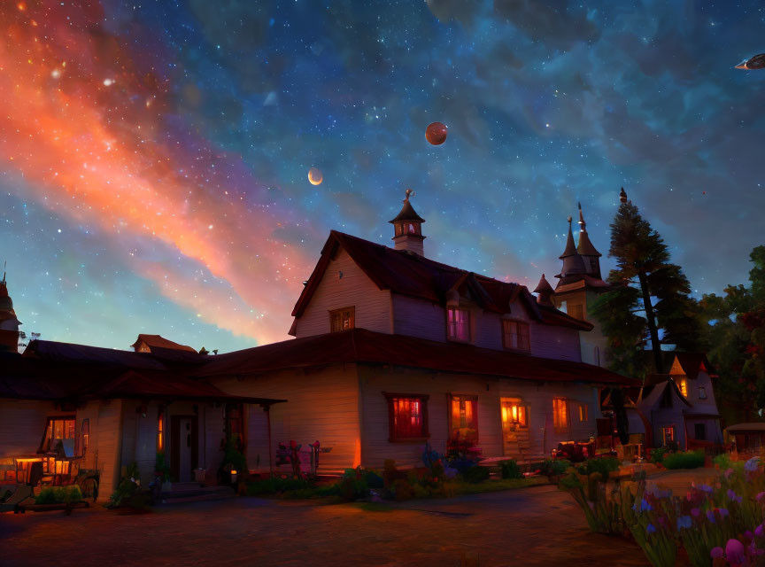 Cozy wooden house under starry night sky with crescent moon and vibrant nebula colors