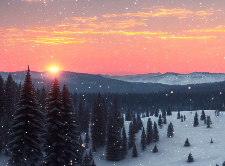Snow-covered pine trees in serene winter sunset scene